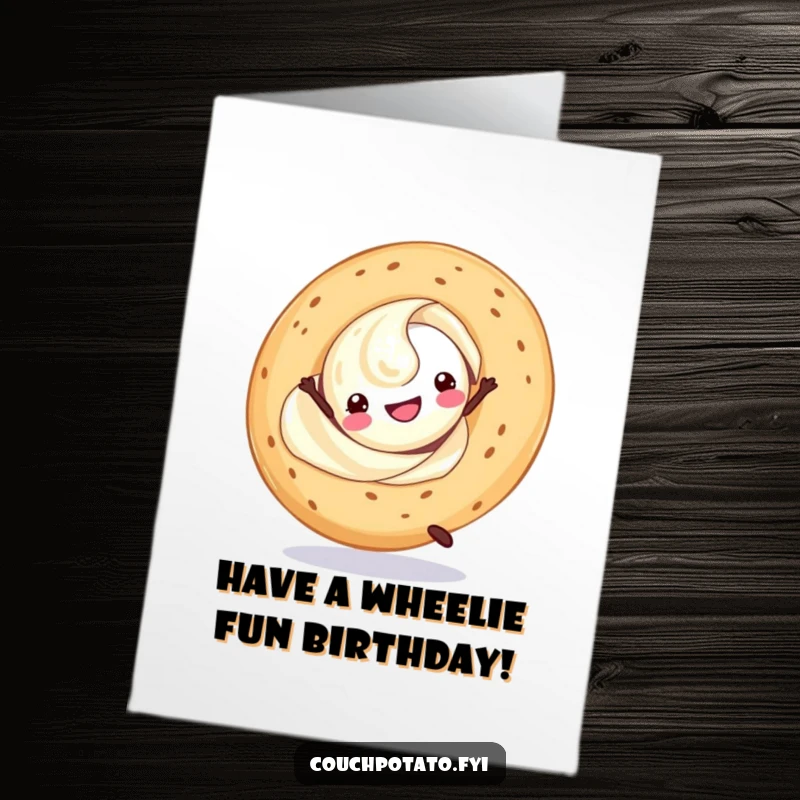Funny Free Printable Birthday Card showing a joyful cream cheese swirl doing a cartwheel alongside a happy bagel.