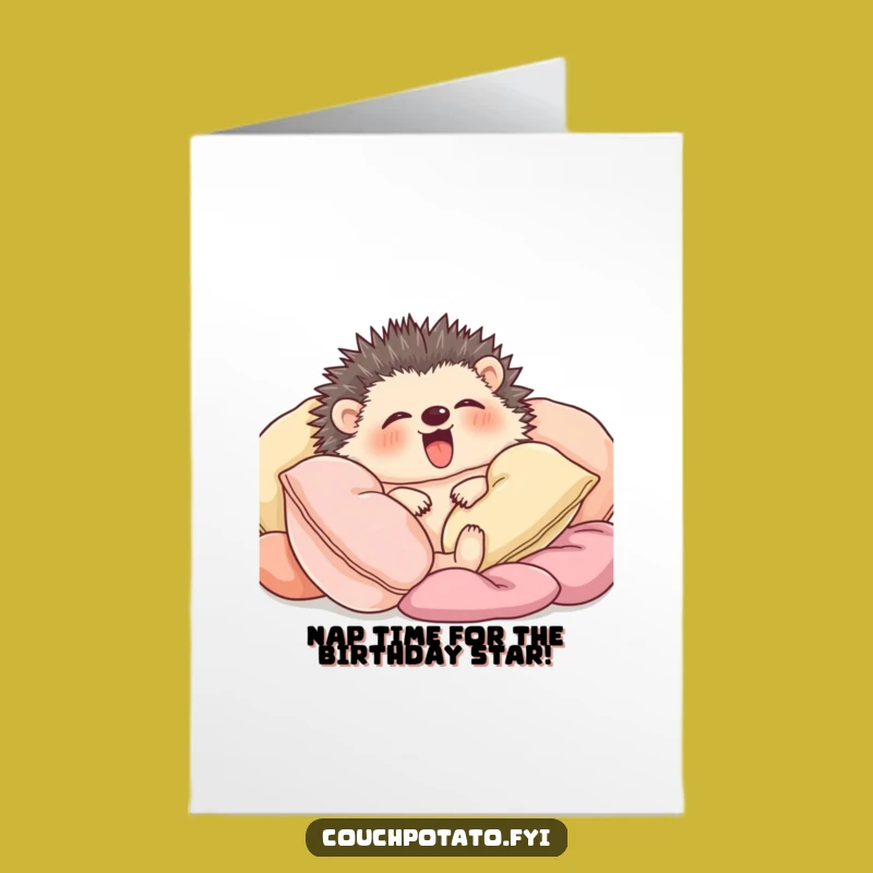 Free Printable Birthday Card: Yawning Hedgehog, Cozy Wishes Downloadable Gift