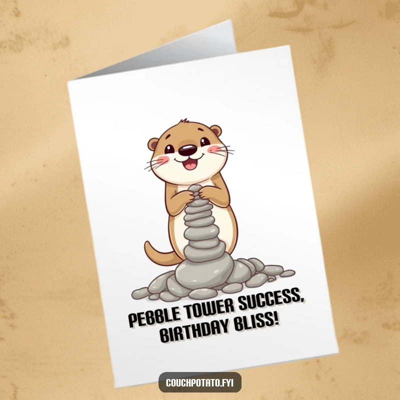 Funny Free Printable Birthday Card: Cheerful otter stacking wobbly pebble tower, perfect for a whimsical DIY gift.