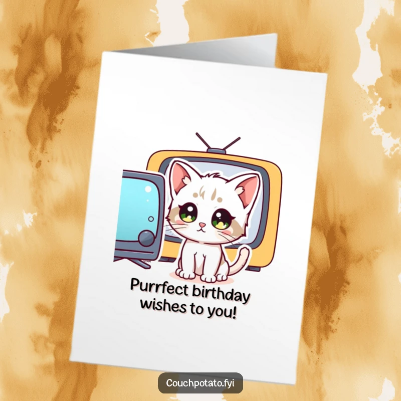 Funny Free Printable Birthday Card: A curious kitten with wide eyes stares intently at a television screen, mid-binge.