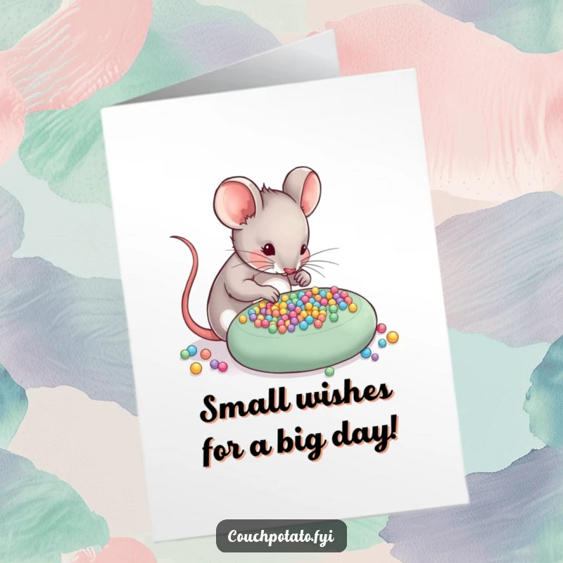 Funny Free Printable Birthday Card: Skilled mouse concentrating, arranging tiny beads on a craft project for a birthday.