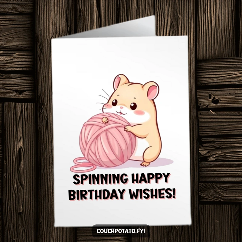 Funny free printable birthday card of a playful hamster energetically trying to wind a massive ball of colorful yarn.