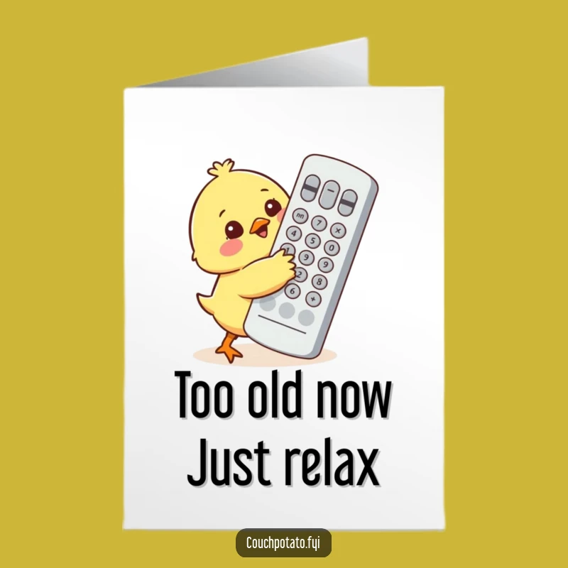 Free Printable Birthday Card: Chick Hugs Giant Remote, Funny Downloadable Gift