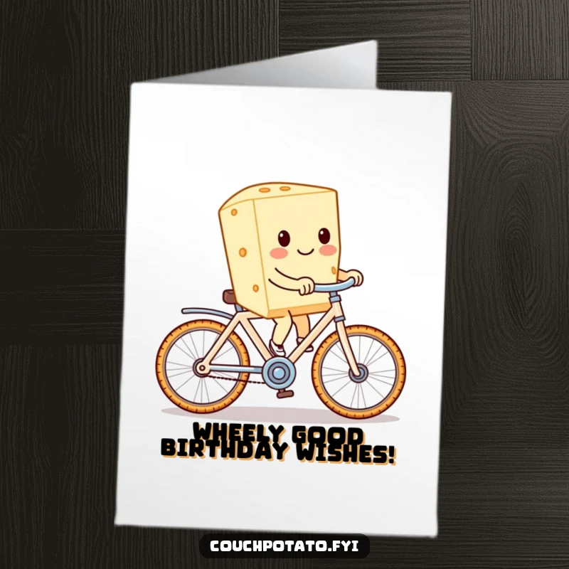 Funny Free Printable Birthday Card featuring a cream cheese block joyfully cycling on a cracker bike.