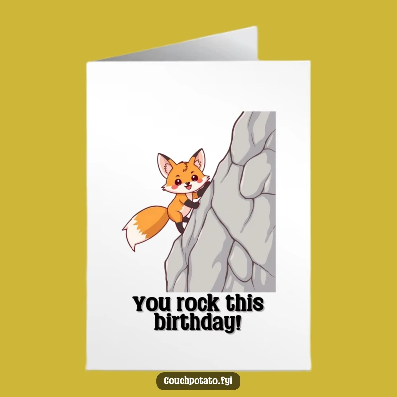 Free Printable Birthday Card: Triumphant Fox Climbing - Motivational & Funny Downloadable Greeting!