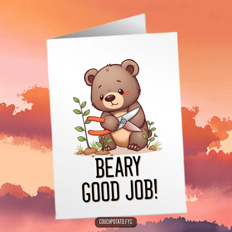 Free Printable Bear Cub Congratulations Card featuring a determined cub pruning a bush, symbolizing focused effort and successful endeavors.