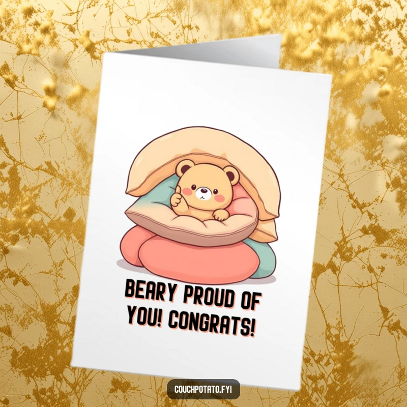 Funny Free Printable Congratulations Card: Small round bear in cushions, giving a thumbs up, celebrating success with bear cub charm.