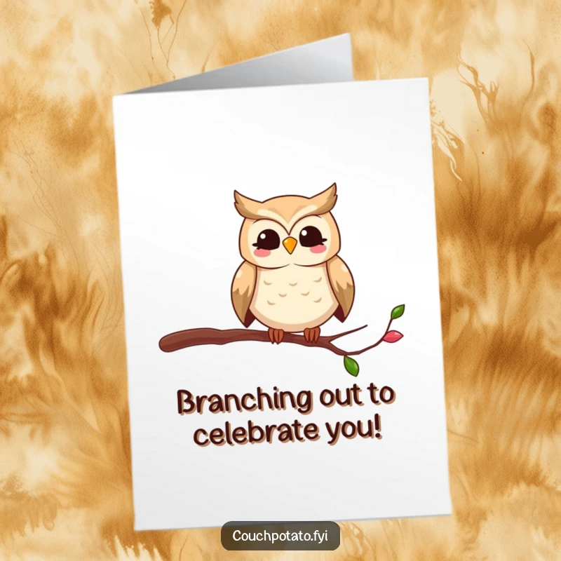 Funny Free Printable Congrats Card: Smiling owl bravely perched on a very thin branch, celebrating your success.