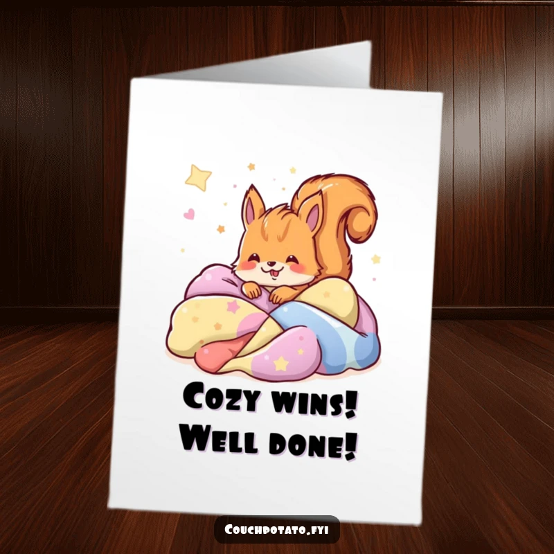 Free printable congratulations card with a joyful squirrel nestled in blankets, dreaming of happy outcomes.