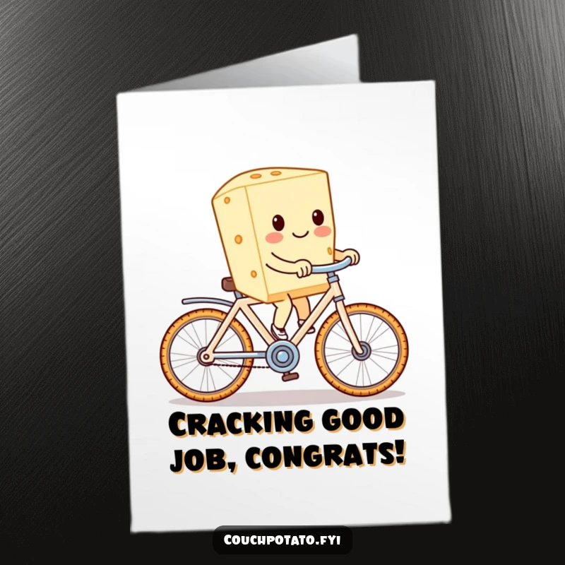 Funny Free Printable Congrats Card showing a cream cheese block triumphantly riding a cracker bicycle.