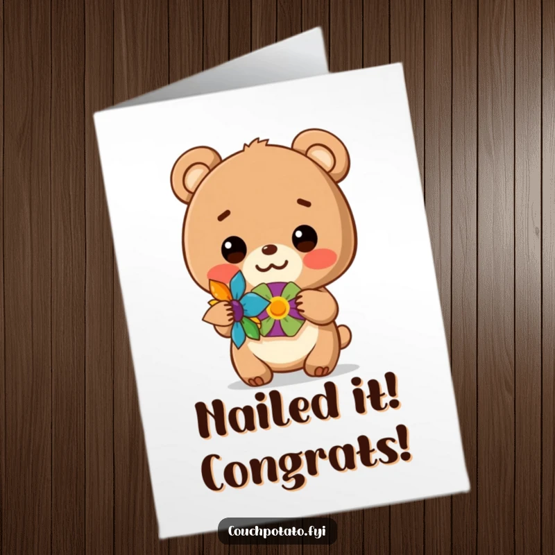 Funny Free Printable Congratulations Card: A smiling bear cub proudly holds up a colorful, completed craft project.