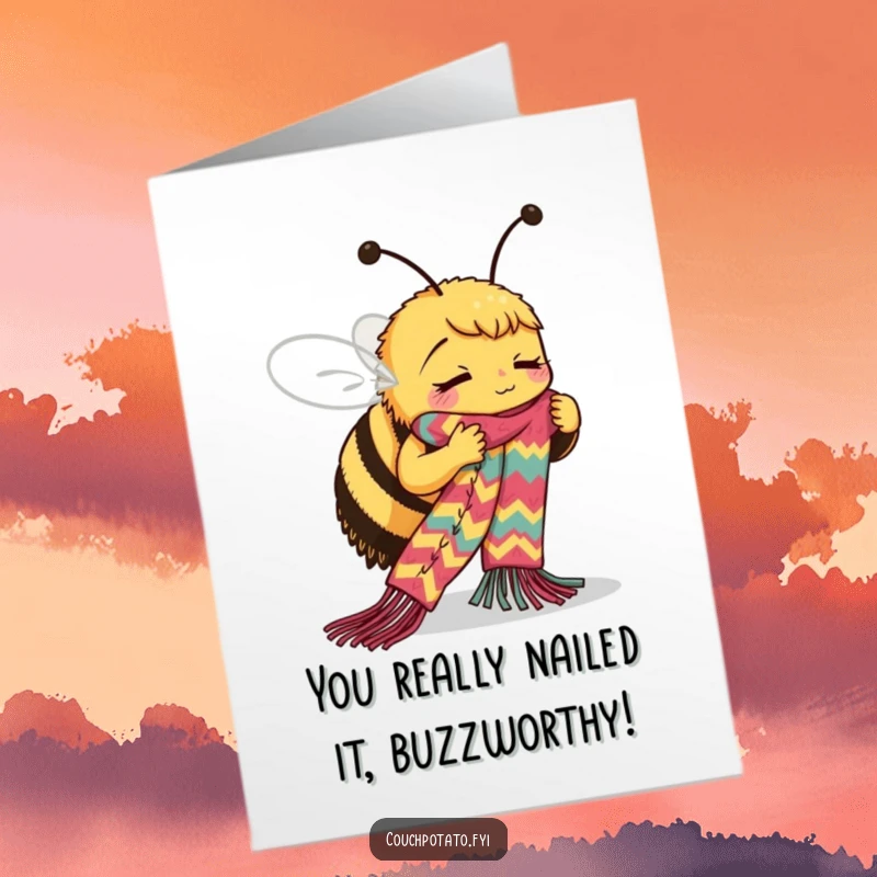 Funny Free Printable Congratulations Card: Focused bee knitting a long, colorful scarf, celebrating a successful endeavor.