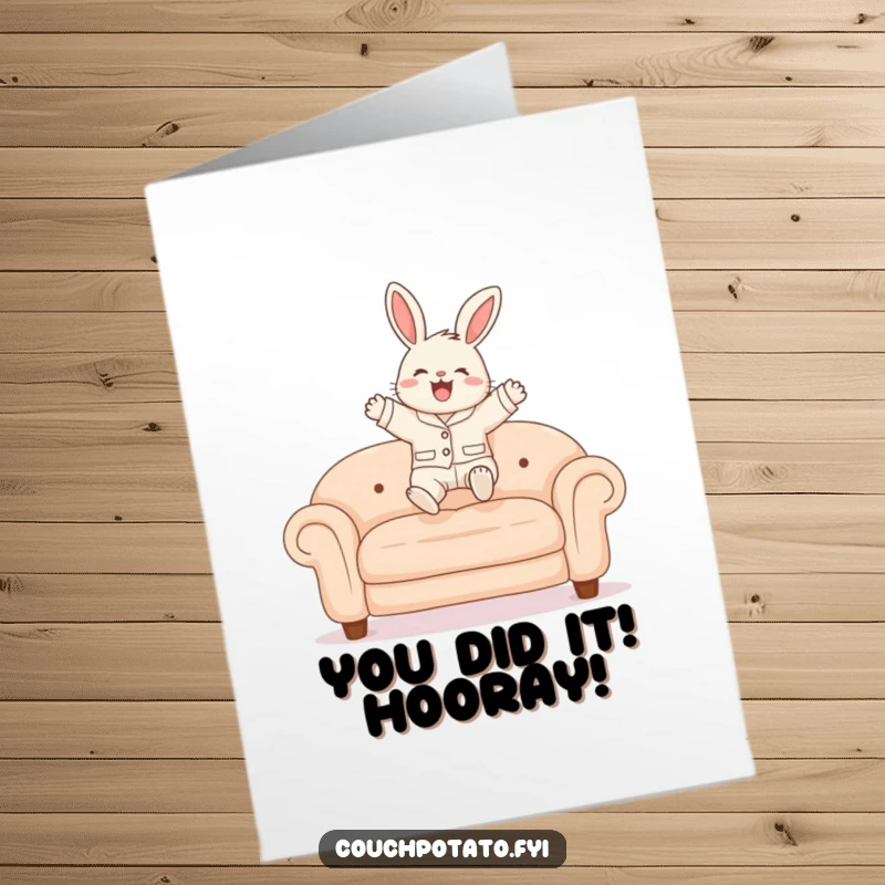 Funny Free Printable Congratulations Card: Bunny in pajamas making a joyful leap onto a sofa, celebrating success.