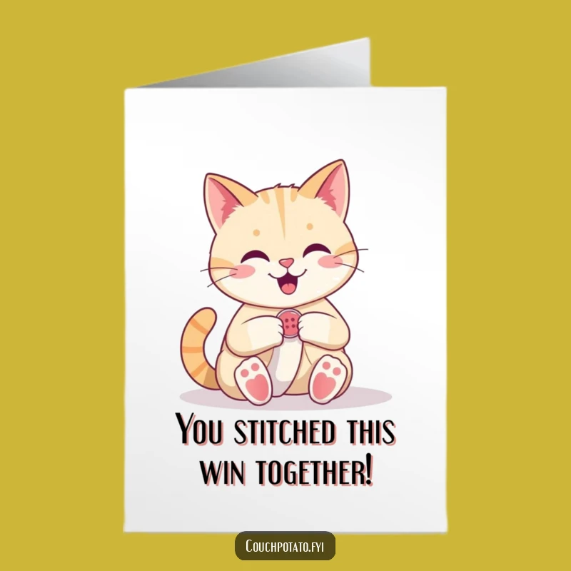 Free Printable Cat Sewing Congrats Card - Humorous Downloadable Art for Buttoned-Up Success