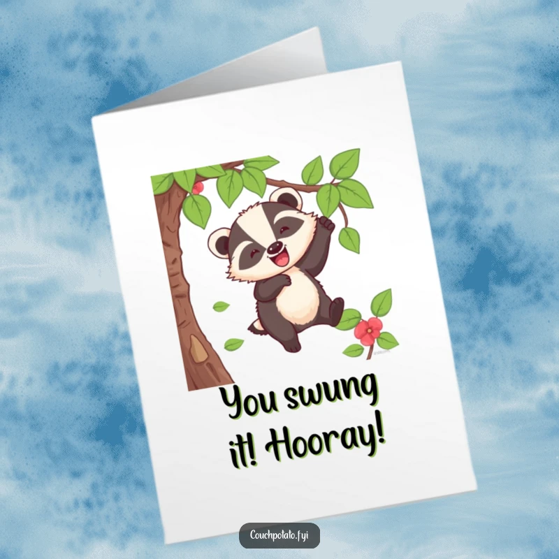 Free Printable Congratulations Card: A cheerful badger swings high from a vine, letting out a joyful and energetic 'whoop'.