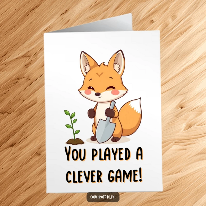 Funny Free Printable Congratulations Card: Proud fox and a seedling, symbolizing nurtured success and growth.