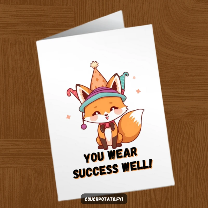 Funny Free Printable Congrats Card: A playful fox hilariously sporting multiple hats, perfect for cheering someone on.