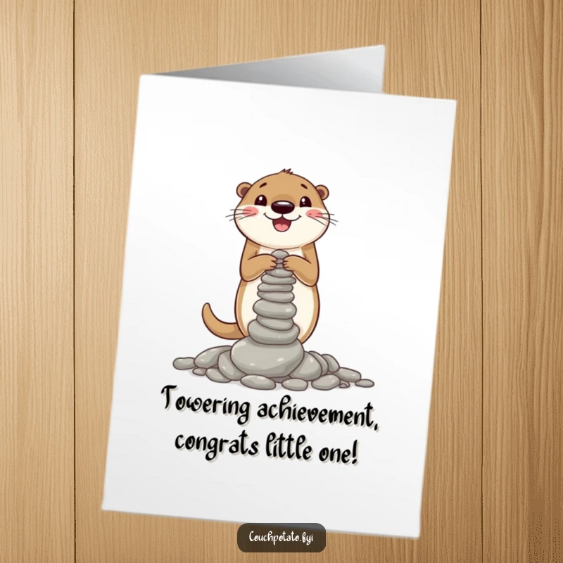Funny Free Printable Congrats Card: Cheerful otter attempting a wobbly pebble tower, great for a unique DIY gift.