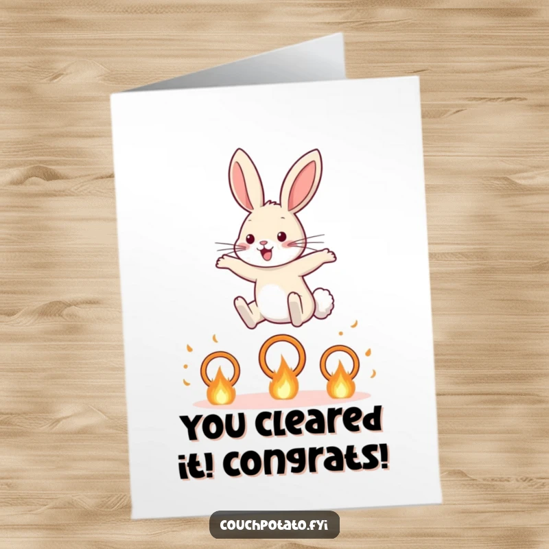 Free Printable Congratulations Card: A brave rabbit mid-air, soaring over small fiery hoops with triumphant energy and style.