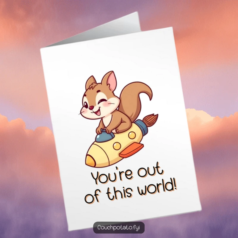 Funny Free Printable Congratulations Card: A grinning squirrel heroically riding a rocket ship, celebrating a grand success.