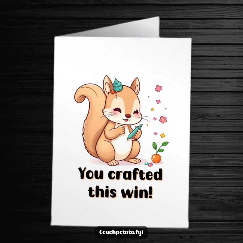 Funny free printable congratulations card of a creative squirrel artist adding finishing touches to a colorful and whimsical art creation.