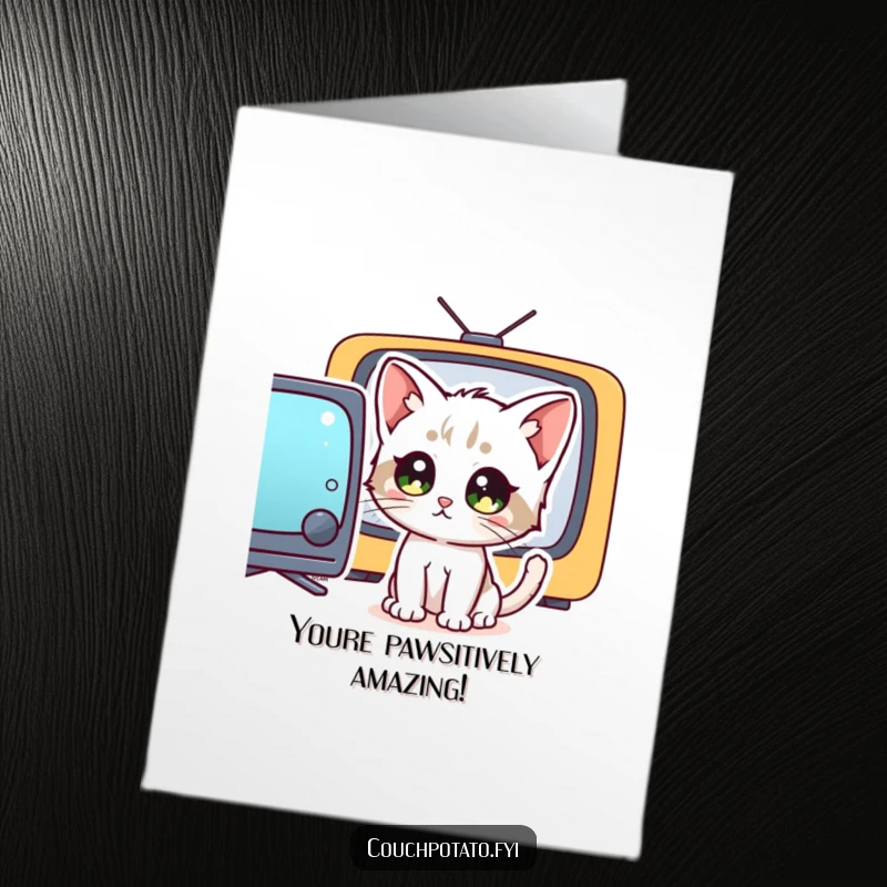 Funny Free Printable Congratulations Card: A curious kitten with wide eyes stares intently at a television screen, celebrating.