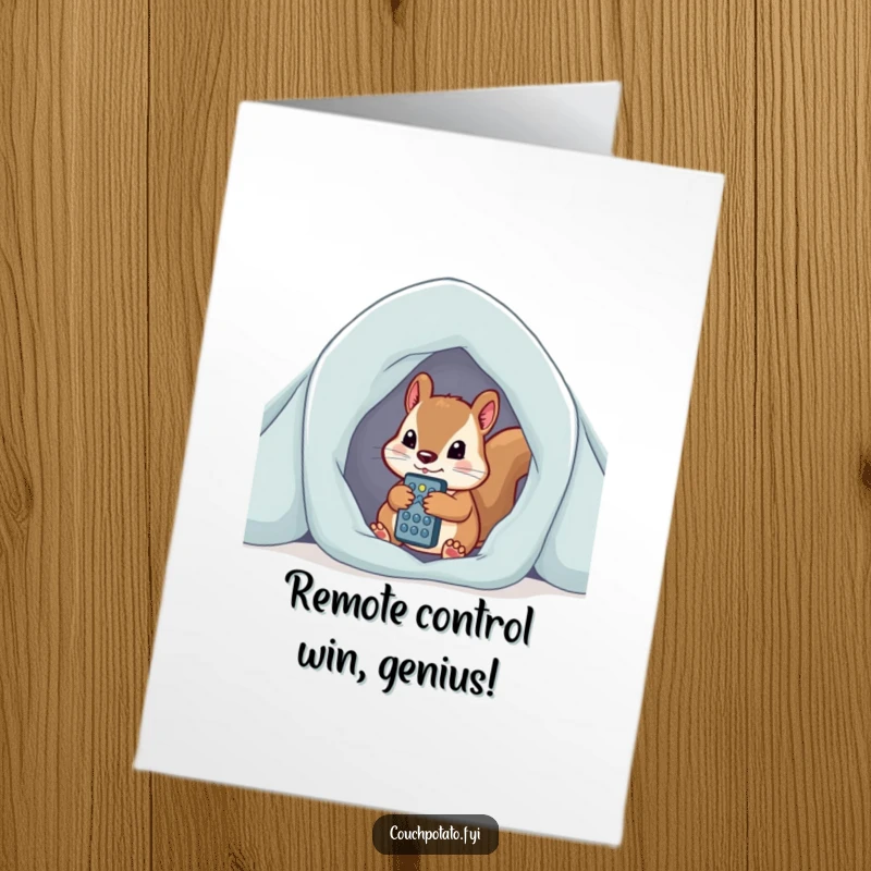 Funny Free Printable Congratulations Card: a curious squirrel guards its blanket fort with a remote.