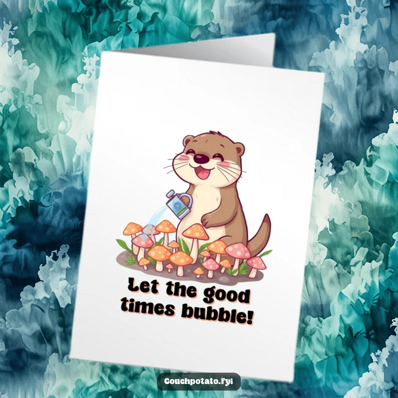 Funny Free Printable Congratulations Card: A joyful otter waters vibrant mushrooms, extending happy congratulations with a downloadable greeting.