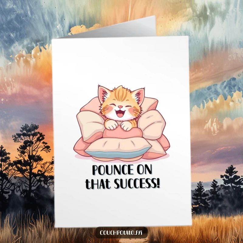 Funny Free Printable Congratulations Card: Giggling kitten tumbling into cushions, celebrating achievements with playful abandon.