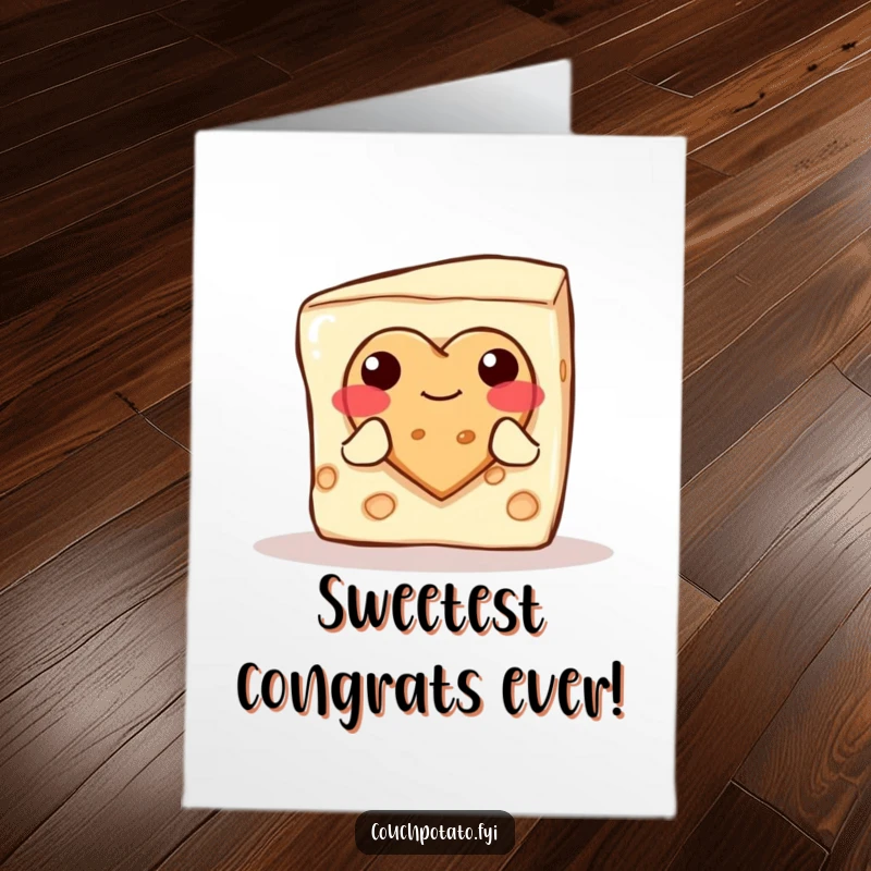 Funny Free Printable Congrats Card showing a blushing cream cheese block presenting a heart-shaped cookie.