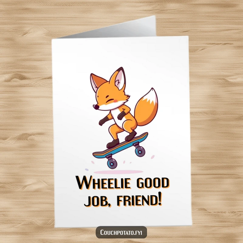 Free Printable Congratulations Card: A daring fox performing an impressive skateboard wheel balancing trick with incredible focus and flair.