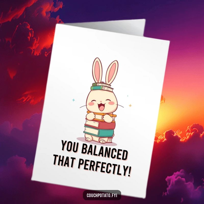 Funny Free Printable Congrats Card: Giggling rabbit balancing books, celebrating intelligence with a humorous twist.