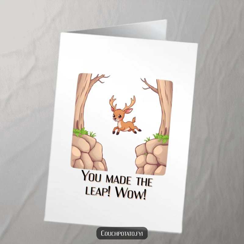 Free Printable Congratulations Card: A determined deer mid-leap, soaring over a seemingly impossible chasm with great effort and resolve.