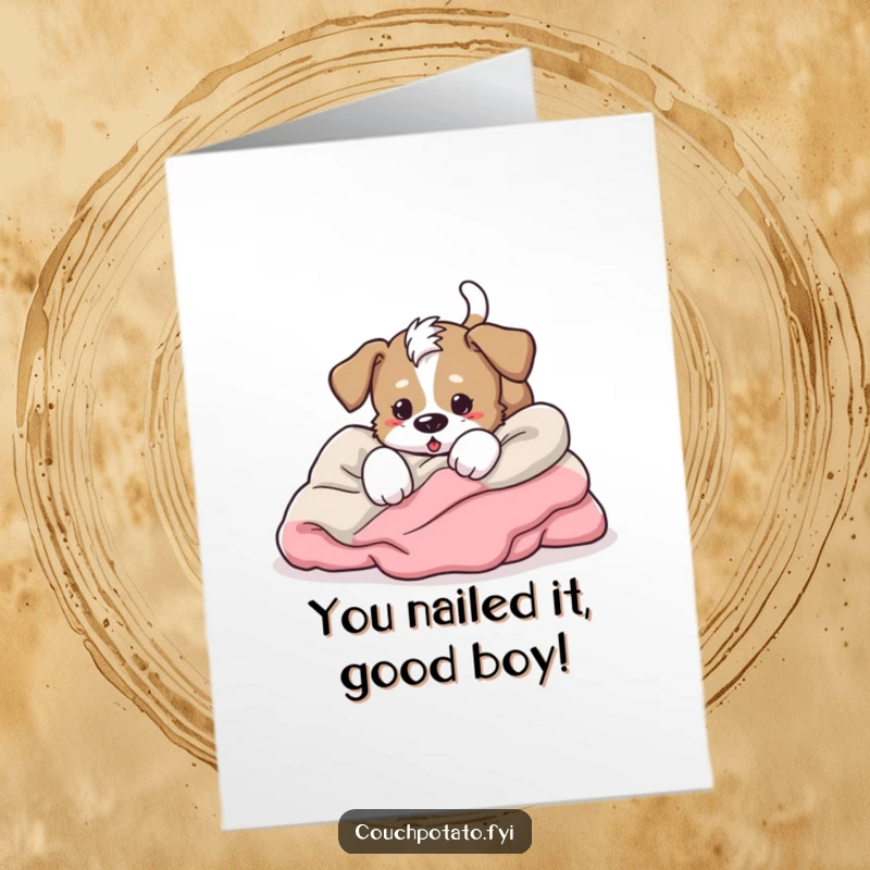 Funny Free Printable Congratulations Card: an excited puppy dives into a pile of blankets.