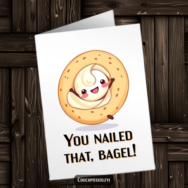 Funny Free Printable Congrats Card with a cream cheese swirl and bagel performing an impressive cartwheel.