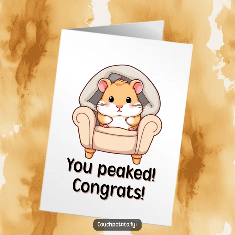 Funny Free Printable Congratulations Card: Chubby hamster peeking from under a blanket, offering warm wishes and humor.