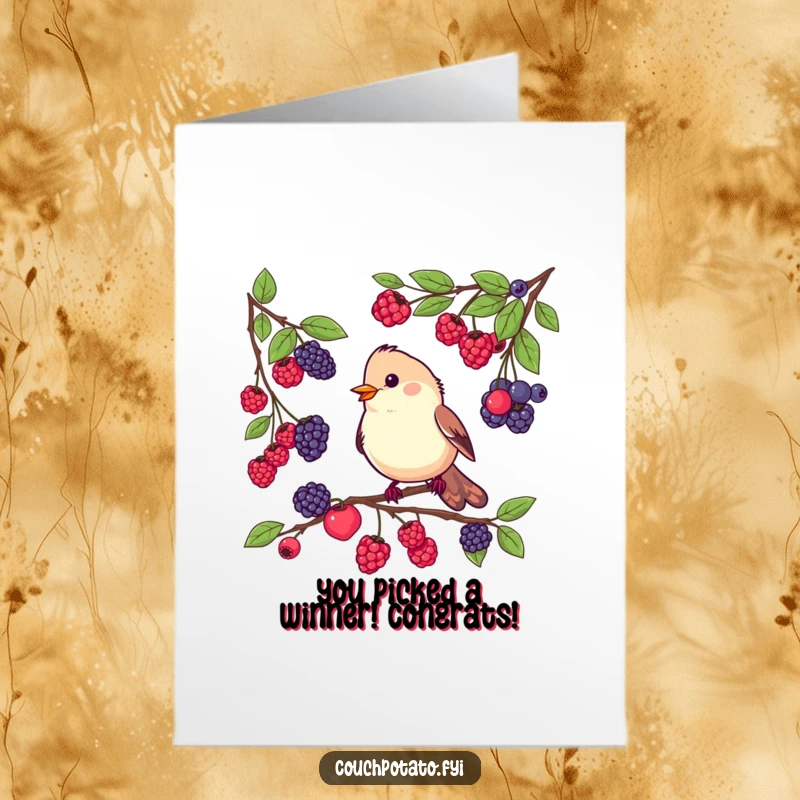 Funny Free Printable Congrats Card: Busy bird tasting various berries, perfect for a unique DIY gift.