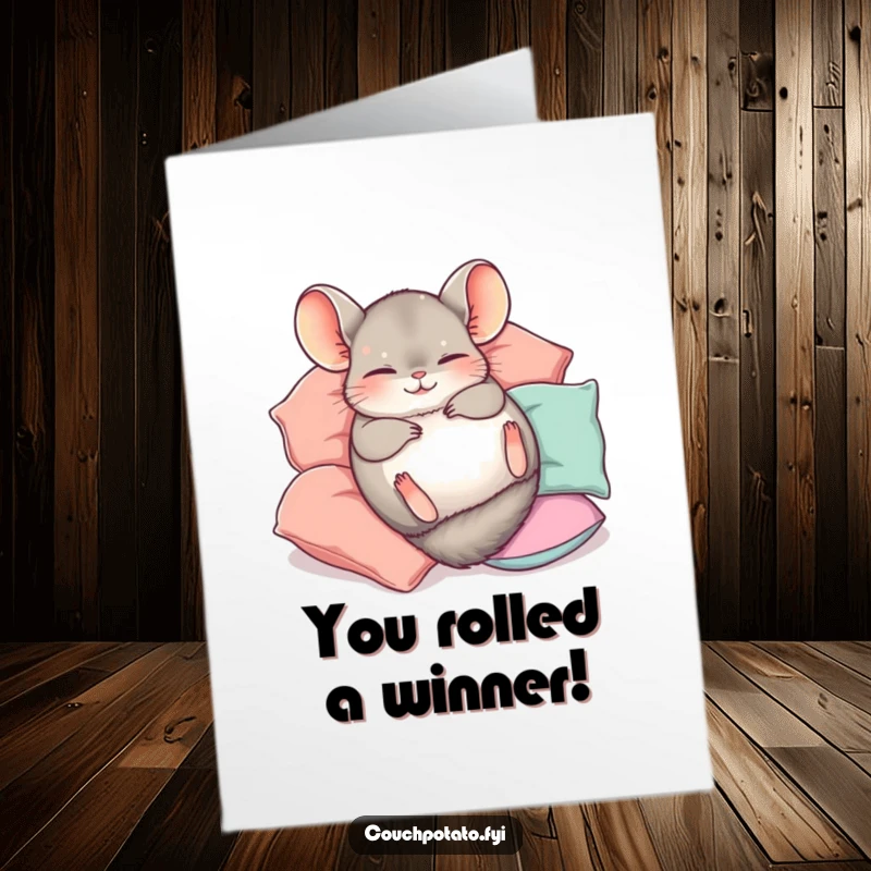Funny Free Printable Congratulations Card: Chinchilla rolling on its back amongst pillows, celebrating achievements with hilarious bliss.