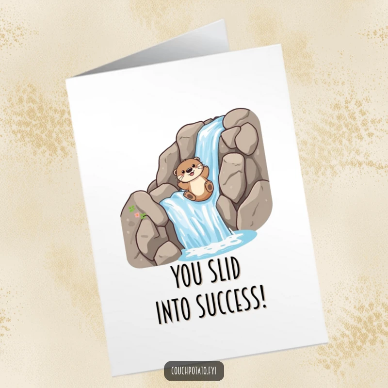 Free Printable Congratulations Card: A playful otter is captured mid-slide down a rugged, rocky waterfall, embodying adventurous success.