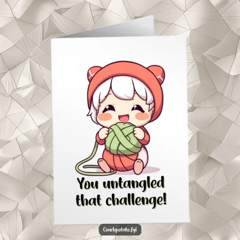 Humorous free printable congratulations card featuring a character smiling while tackling a tangled yarn knot, celebrating problem-solving.