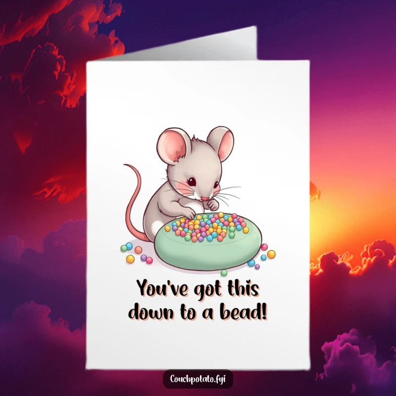 Funny Free Printable Congratulations Card: Skilled mouse meticulously arranges tiny beads, celebrating a project well done.