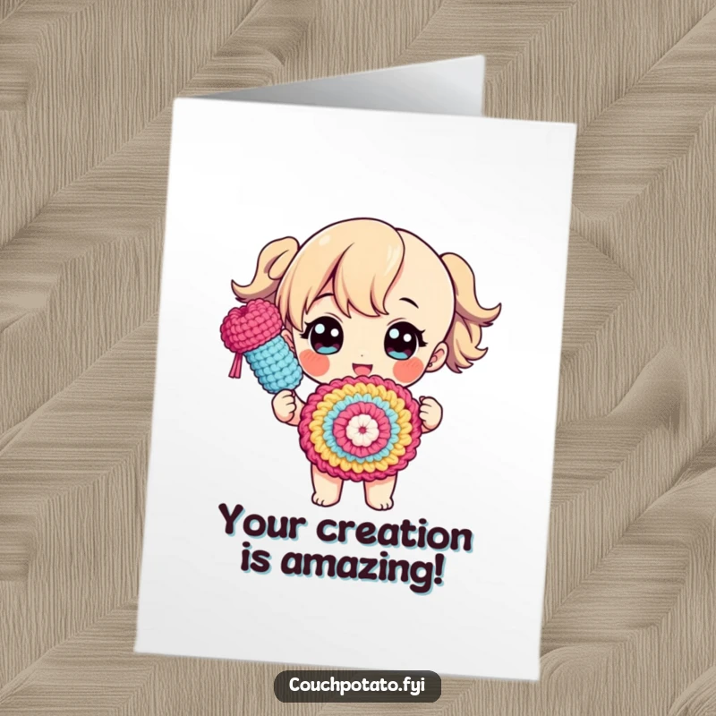Humorous free printable congratulations card of a character showing off a finished crochet piece with pride and a flair.