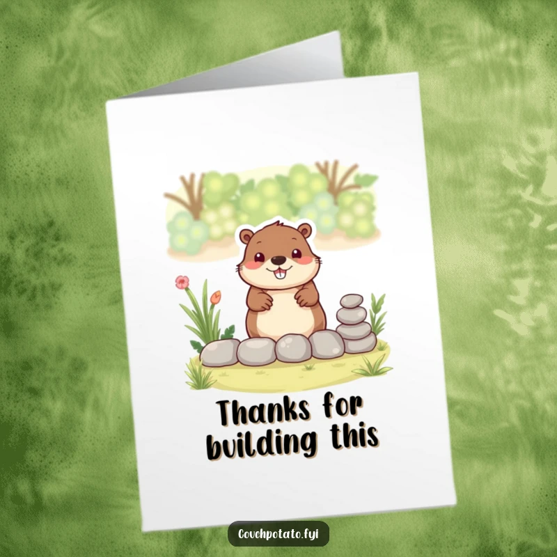 Free Printable Beaver Thank You Card showing a smiling beaver carefully stacking stones to form a garden border, expressing thanks.