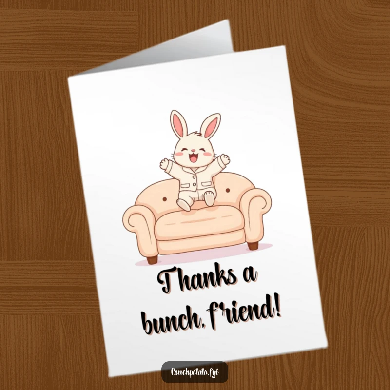 Funny Free Printable Thank You Card: Bunny in pajamas gleefully leaping onto a sofa, expressing thanks with joy.