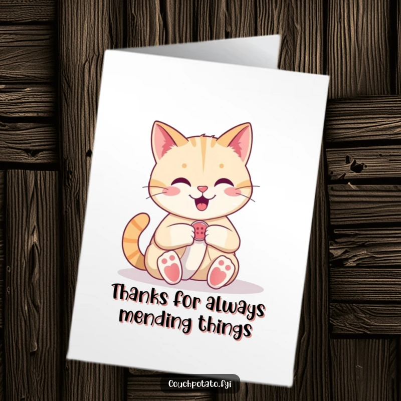 Funny Free Printable Thank You Card: Happy cat confidently sewing a button onto fabric, expressing gratitude.