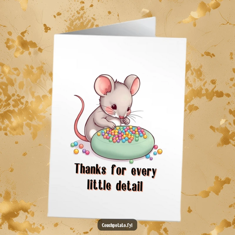 Funny Free Printable Thank You Card: Skilled mouse carefully arranging tiny beads on a craft project, showing thanks.