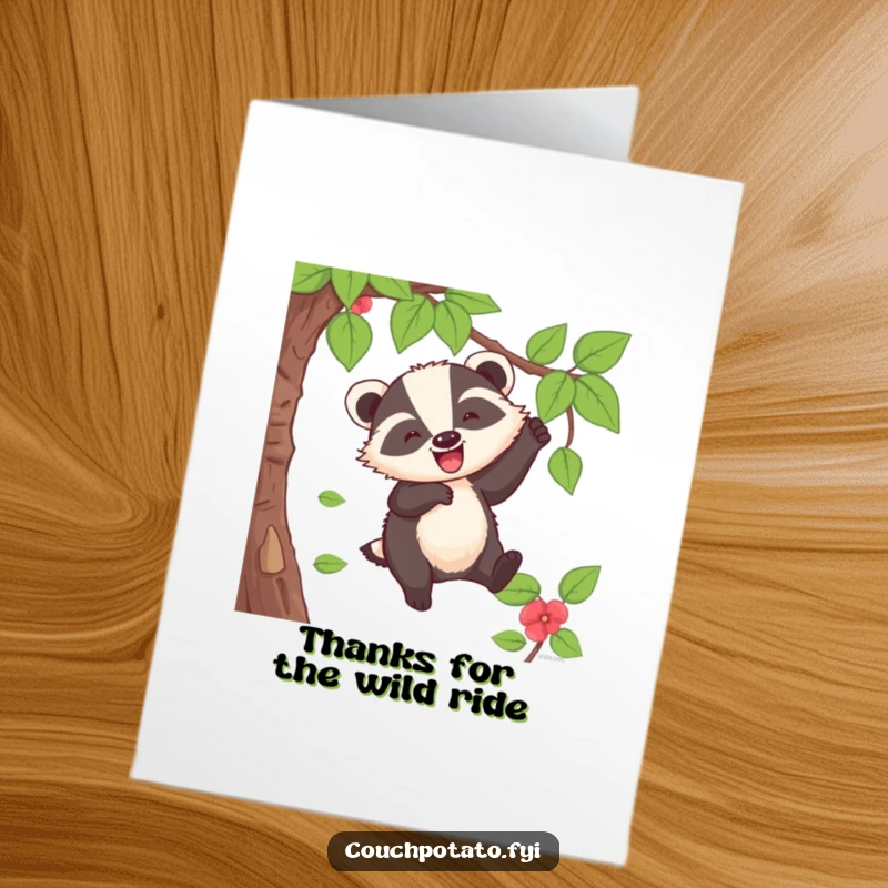 Funny Free Printable Thank You Card: A cheerful badger swings enthusiastically from a vine, shouting a happy 'whoop' of thanks.