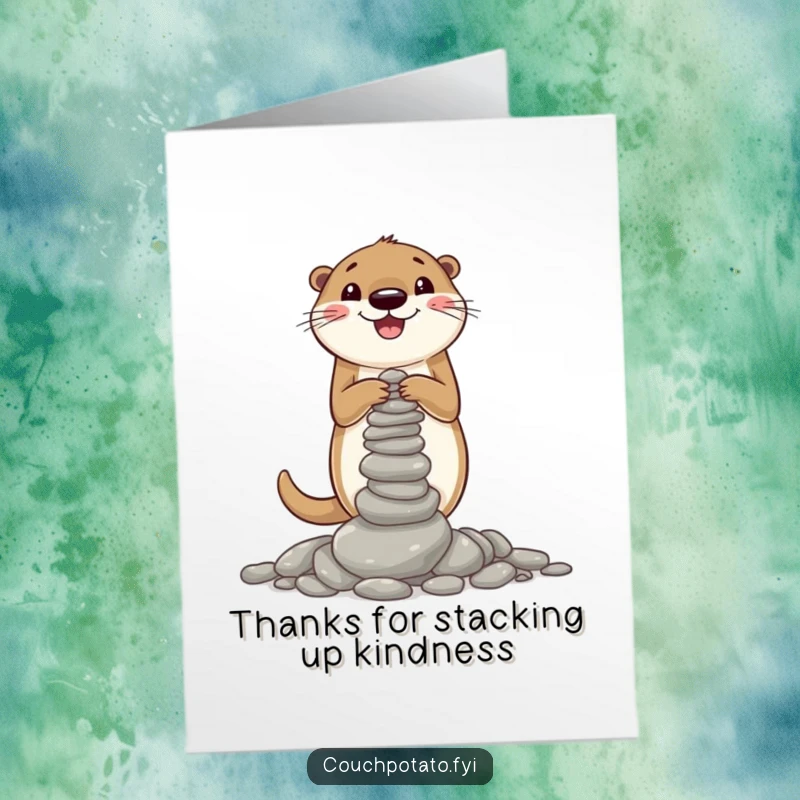 Funny Free Printable Thank You Card: Cheerful otter building a small pebble tower, excellent for a quirky DIY gift.