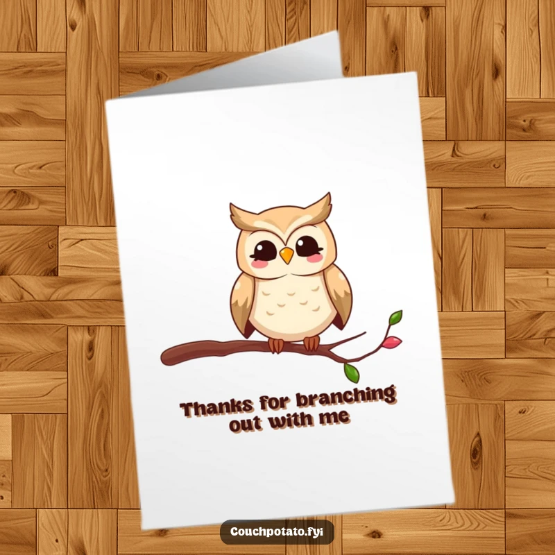 Funny Free Printable Thank You Card: Owl looking a bit wobbly on a super thin branch, expressing thanks.