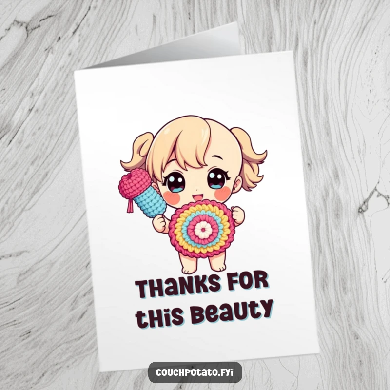 Funny free printable thank you card featuring a character proudly presenting a finished crochet creation with a celebratory flourish.